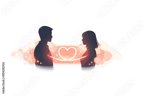 Heartfelt Connection Bridge. Couple silhouettes standing face to face with a glowing heart bridge line between them, soft bokeh