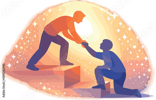 Community Support Illustration. Helping hands scene with one person silhouette lifting another up a small step, gentle glow halo