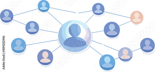 Connected Community Network. Network of profile nodes connected by thin glowing lines, one central node softly glowing to show