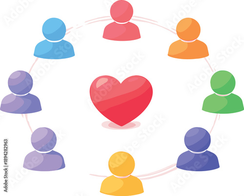 Equality Illustrated. Community circle of simplified people icons with each node the same size, thin glow connectors forming an