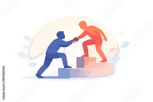Helping Hands Illustration. Helping hands scene with one person silhouette lifting another up a small step, gentle glow halo and