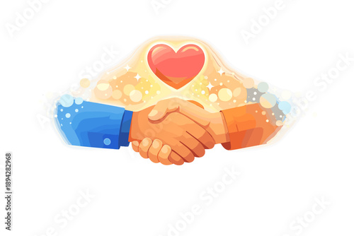 Supportive Handshake Illustration. Supportive handshake scene with a soft glow heart badge above, bokeh sparkles drifting outward