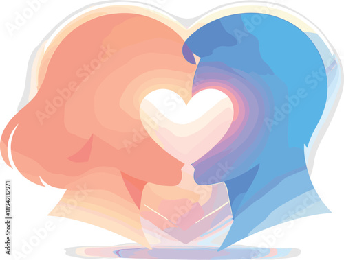 Heartfelt Connection Silhouettes. Two overlapping profile silhouettes forming a heart-shaped negative space, gentle glow halo and