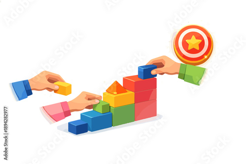 Staircase to Success. Hands stacking geometric blocks into a staircase leading to a glowing target badge, subtle sparkle dust and