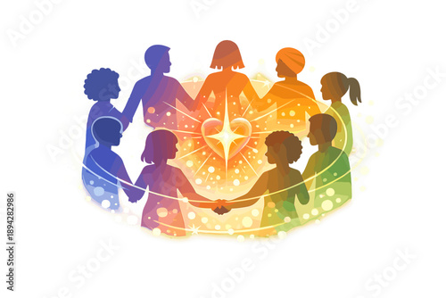 Unity in Diversity. Diverse team silhouettes forming a circle around a glowing heart-star core, thin glow lines and soft bokeh