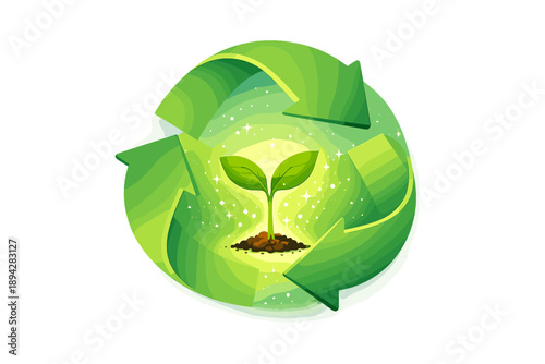 Recycling Renewal Illustration. Recycling loop arrows forming a circle around a glowing seedling, subtle sparkle dust and smooth