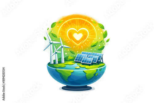 Renewable Energy Globe. Wind turbine and solar panel cluster on a minimalist globe base, leaf particles and a glowing heart-core