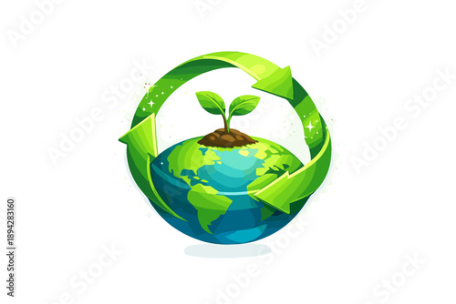 Recycling Growth Icon. Recycling loop ribbon encircling a sprouting seedling on a simplified earth icon, sparkle dust and soft