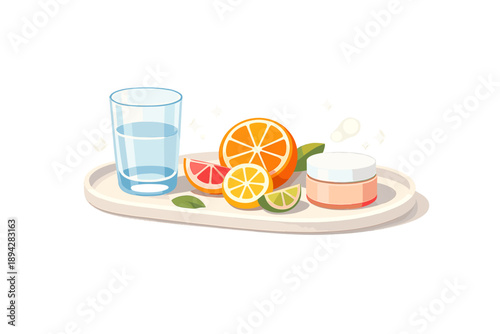 Spring Wellness Flatlay. Morning wellness flatlay with water glass, citrus fruit shapes, and skincare jar on a minimal tray, soft