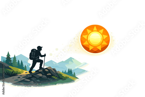 Adventure Trail Silhouette. Hiking trail scene with a backpacker silhouette climbing toward a glowing sun badge, soft dust bokeh