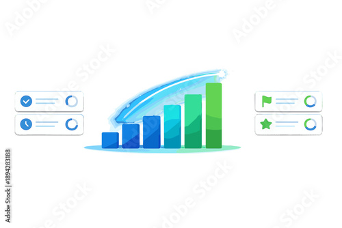 Modern Productivity Dashboard. Minimal productivity dashboard with rising bar blocks, glowing progress arc, and neat task cards