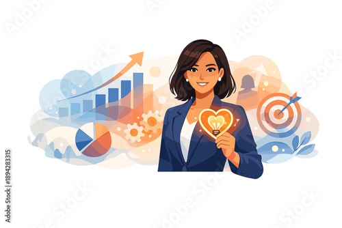 Empowered Women in Business. Business idea vignette with a professional woman holding a glowing lightbulb-heart badge, abstract