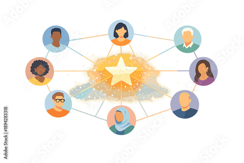 Diverse Leadership Network. Network map of diverse profile nodes connected to a central glowing star hub, subtle sparkle dust and