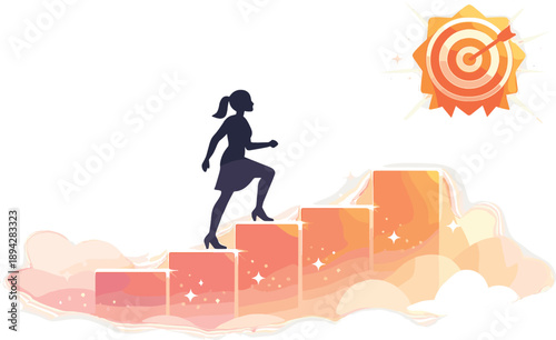 Climbing Career Milestones. Woman silhouette climbing glowing milestone blocks toward a bright target badge, subtle sparkle dust