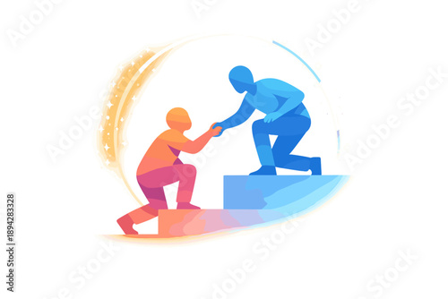 Empowering Volunteer Assistance. Volunteer helping scene with one silhouette lifting another up a small step, subtle glow ring and