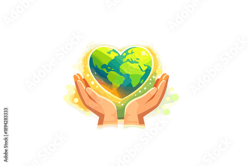 Glowing Heart of Change. Hands lifting a glowing heart-planet icon, soft bokeh sparkles and clean wide negative space suggesting