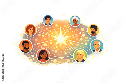 Community Connection Network. Community network circle with diverse profile icons connected by thin glowing lines to a central