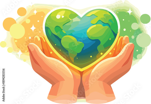Glowing Heart-Planet Care. Hands holding a glowing heart-planet icon, soft bokeh sparkles and clean wide negative space suggesting