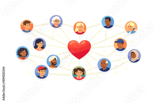 Charity Connection Network. Community network of diverse profile nodes connected by thin glowing lines to a central heart hub,