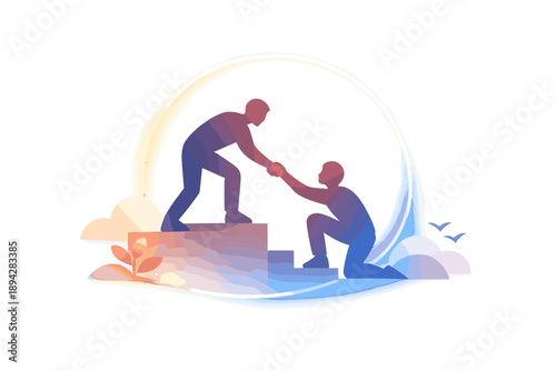 Uplifting Helping Hands. Volunteer helping scene with one silhouette lifting another up a small step, subtle glow ring and airy