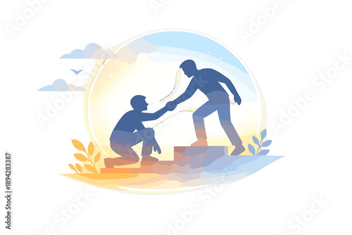 Uplifting Helping Hands. Volunteer helping scene with one silhouette lifting another up a small step, subtle glow ring and airy