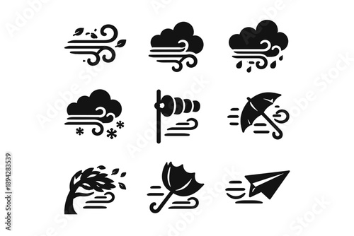 Windy Weather Icons. Solid black filled vector icon set of windy weather icons, minimal geometric shapes, bold silhouette style,