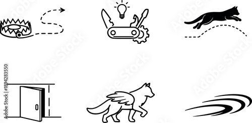Cunning Survival Icons. Line style vector icons of cunning survival strategies: trap-escape path, clever tool symbol,