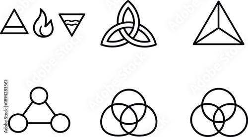 Symbolic Triad Designs. Line style vector icons of symbolic triads: three elemental symbols, tri-part unity shape, balanced triad