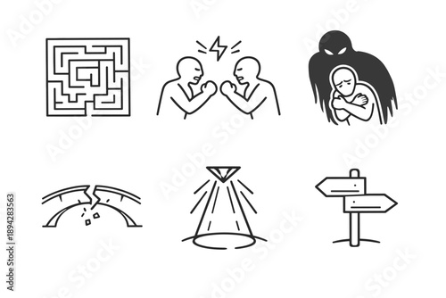 Journey Through Complexity. Line style vector icons of descent into difficulty: dark labyrinth outline, confrontation symbol, fear