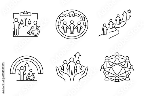 Economic Inclusivity Icons. Line style vector icons of economic inclusivity: equal-access outline, shared prosperity ring,