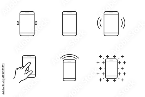 Perceived Phone Vibrations. Line style vector icons of perceived phone vibrations: micro-buzz lines, quiet device silhouette,
