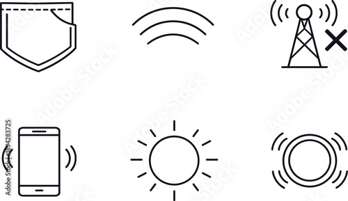 Phantom Vibration Icons. Line style vector icons of phantom vibration syndrome: empty pocket outline, false vibration wave,