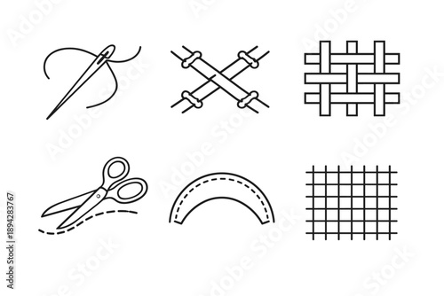 Artisanal Clothing Icons. Line style vector icons of high-quality clothing creation: handcraft needle line, reinforced seam nodes,