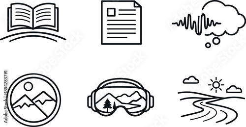 Slow Media Icons. Line style vector icons of slow media: longform reading arc, deep-focus page outline, thoughtful audio wave,
