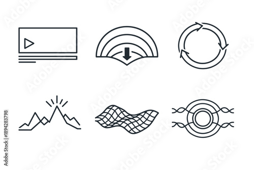 Future Slow-Content Icons. Line style vector icons of future slow-content platforms: extended-format icon, deep-dive arc,