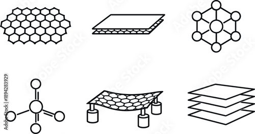 Graphene Icon Set. Line style icons of graphene basics: hexagonal lattice sheet, single-atom layer slice, honeycomb structure node