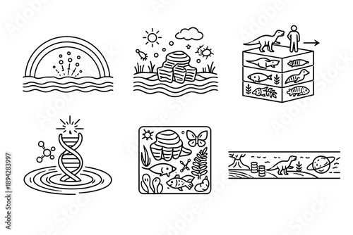 Stromatolite Legacy Icons. Line style icons of stromatolite legacy: early oxygenation arc, ancient ecosystem base, evolutionary