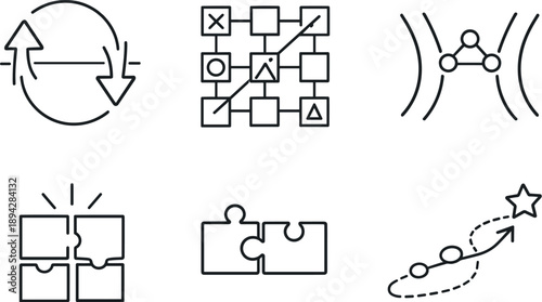 Cognitive Shift Icons. Line style icons of cognitive shift: perspective-flip arrow, pattern-recognition grid, concept realignment