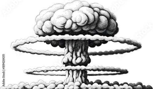 Vintage Stipple Art Illustration of a Nuclear Mushroom Cloud Featuring Detailed Pointillism Ink Drawing Style for History Science and Environmental Impact Projects