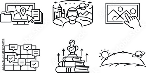 Future Cultural Icons. Line style icons of future cultural memory: digital archive map, immersive storytelling frame, interactive