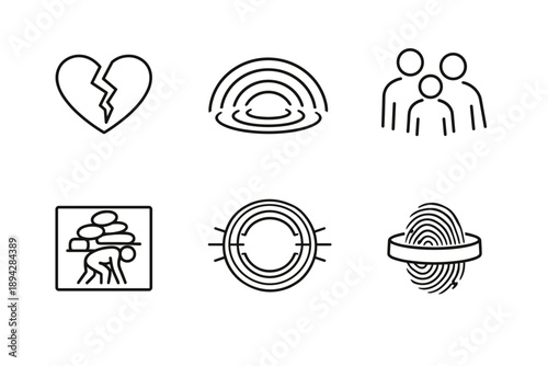 Generational Trauma Icons. Line style icons of generational trauma basics: fractured heart outline, ripple-through-time arc,