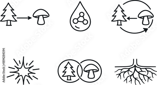 Tree-Fungus Interaction Icons. Line style icons of tree–fungus communication: signal-transfer arrow, chemical message droplet,