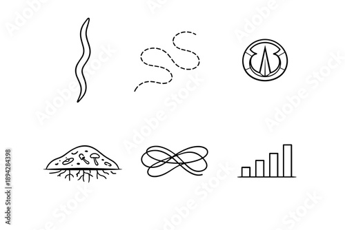 Nematode Iconography. Line style icons of nematode targets: slender worm shape, movement path line, mouthpart outline,