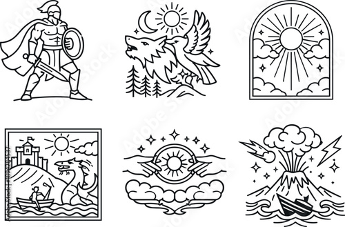 Mythological Iconography. Line style icons of mythological symbolism: heroic figure outline, animal spirit motif, divine-sign arc,