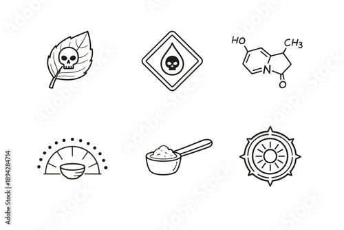Toxic Plant Icons. Line style icons of toxic-plant basics: poisonous leaf outline, warning droplet tile, alkaloid molecule sketch,