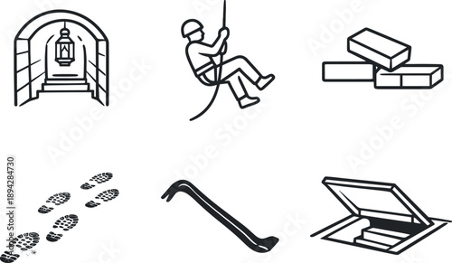 Exploration Icons. Line style icons of exploration attempts: lantern-lit corridor outline, rope descent arc, loose brick tile,
