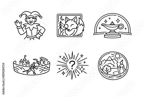 Folklore Icon Line Art. Line style icons of folkloric explanations: trickster figure outline, animal spirit tile, enchanted object