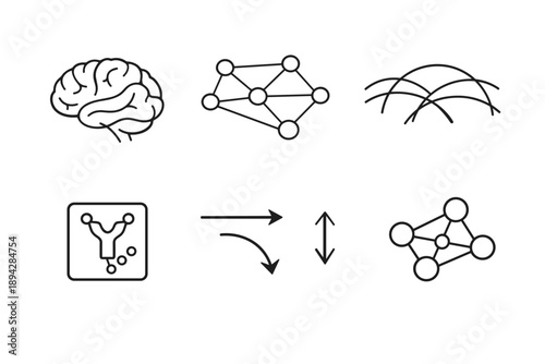 Psilocybin Neurobiology Icons. Line style icons of psilocybin neurobiology basics: brain outline, default mode network schematic,