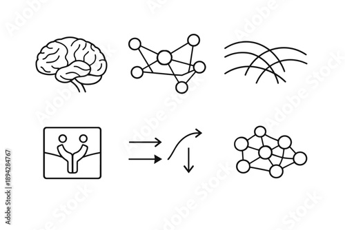 Psilocybin Neurobiology Icons. Line style icons of psilocybin neurobiology basics: brain outline, default mode network schematic,
