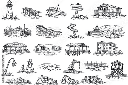 Abandoned Coastal Icons. Line style icons of abandoned coastal towns: empty lighthouse, collapsed pier, rusted boat, deserted